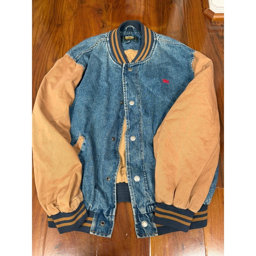 Vintage 3M Jacket Mens Medium Blue Denim Tan Varsity Bomber Dunbrooke 90s